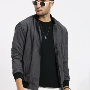 Men Charcoal Solid Bomber Jacket
